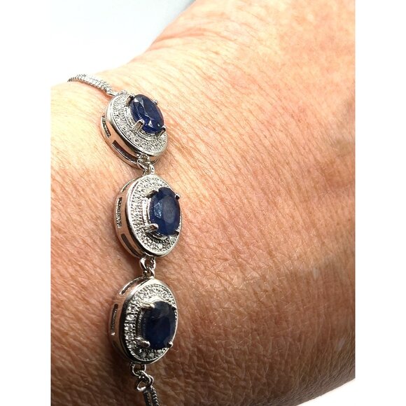 Sterling Silver 925 Blue & White Sapphire Tennis Bracelet Adjustable - Picture 4 of 8